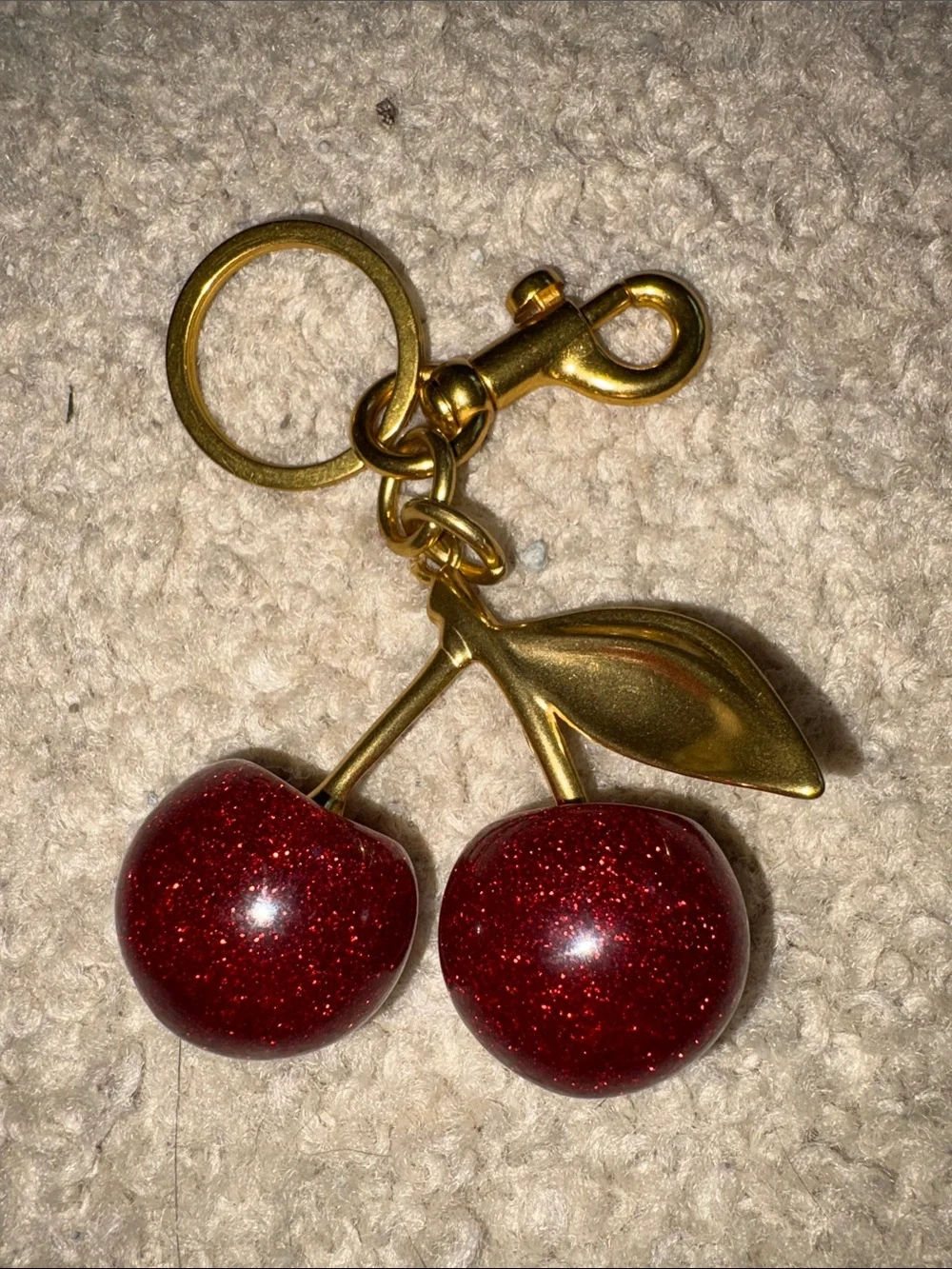 Gold-Tone Cherry Keychain with Red Glitter Cherries